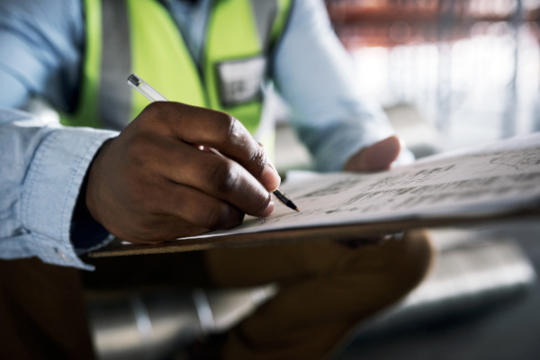 Man writing on clipboard.