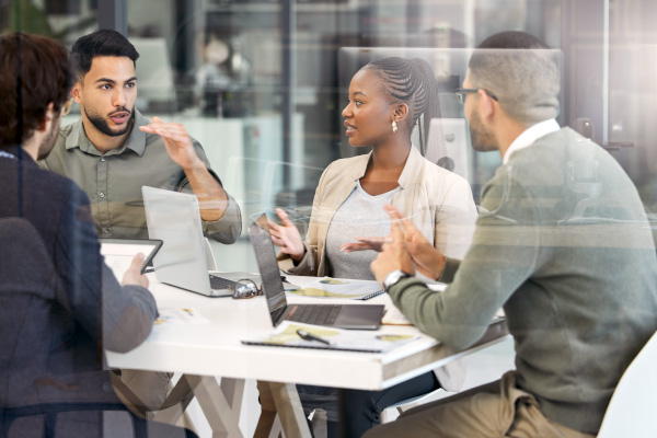 Teamwork, planning and group of employees brainstorming.