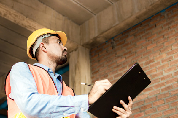 Engineer or inspector checking progressing work in construction site.