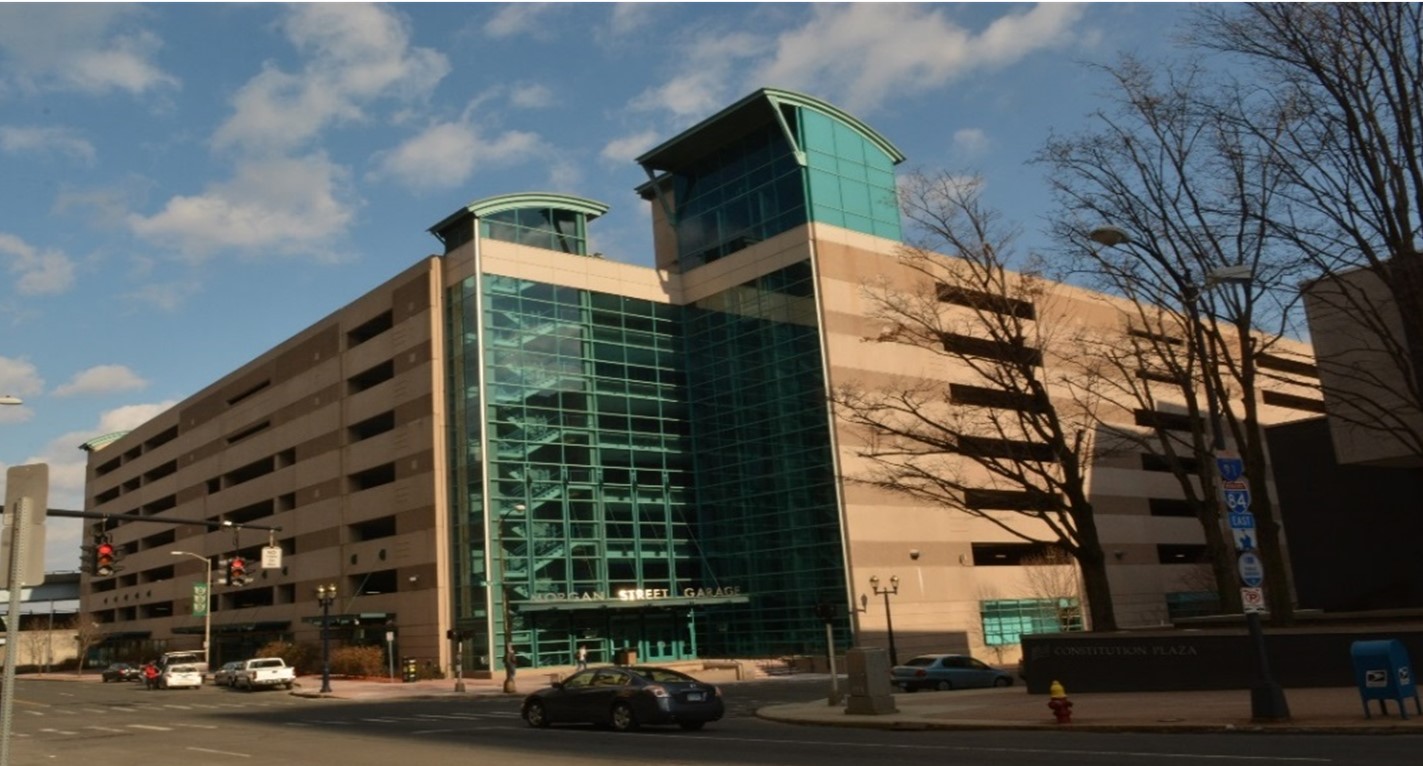 The exterior of a parking garage
