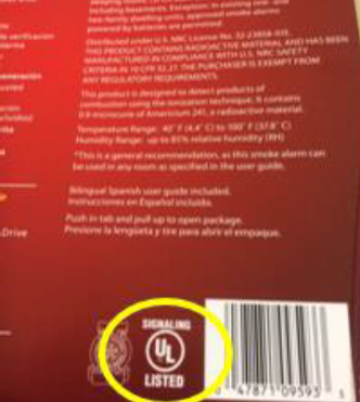 An image of the UL logo on the bottom of an alarm package