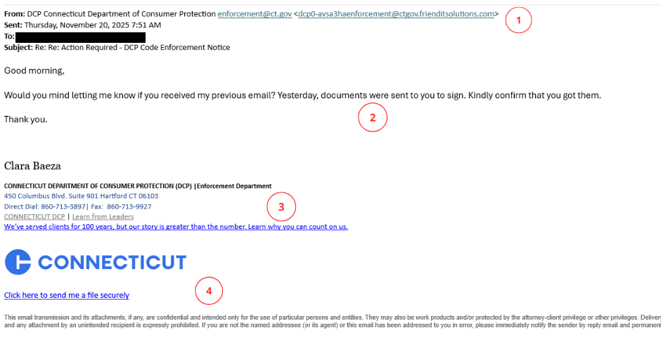 Screenshot of scam email impersonating DCP employees.