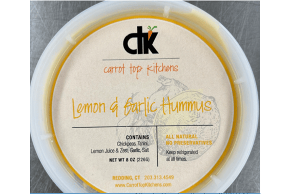 Image of Carrot Top Kitchen's Lemon and Garlic Hummus, part of recall due to undeclared sesame