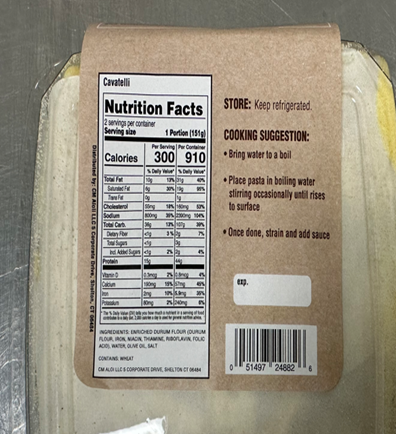 Back of package of il palio cavatelli pasta. The label is missing declarations that the product contains milk and eggs.