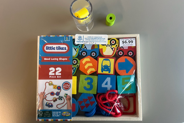 Little Tikes toy recalled by Creative Kids following an inspection by DCP Inspectors. The toy is a set of colorful shapes with numbers and pictures. Some of the the shapes are too small for young children.