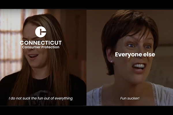 A frame from the movie Freaky Friday, showing Lindsay Lohan and Jaime Lee Curtis. On Lindsay Lohan's face is the Consumer Protection logo and the subtitle "I do not suck the fun out of everything." On Jaime Lee Curtis's face is the phrase "everyone else" with the subtitle "fun sucker!"