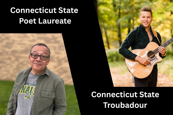 A graphic that includes two portrait images. The first image is the State Poet Laureate, a man with short dark hair and glasses. The second image is the State Troubadour, a young man with short curly hair holding a guitar. 