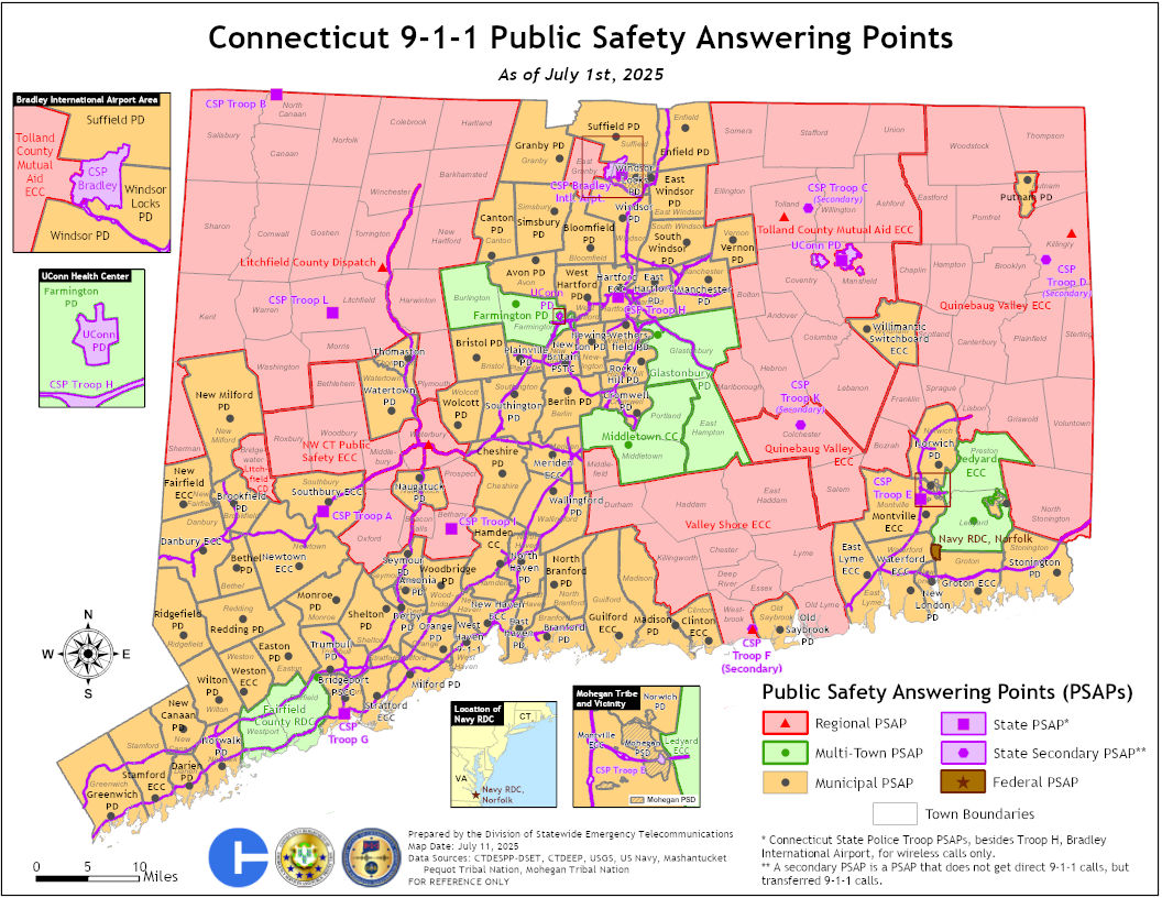 Map of public safety answering points in the State of Connecticut updated on July 1st, 2025