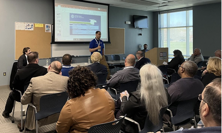 Jonathan Hale from DEMHS’s Connecticut Intelligence Centers addresses a group about cyber security