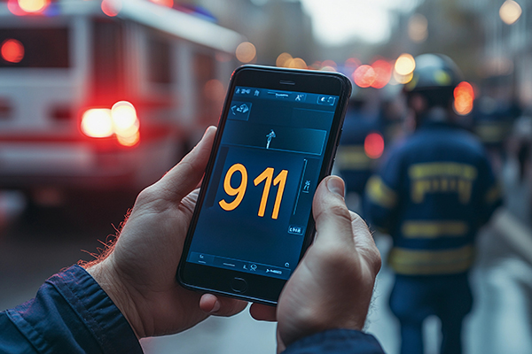 Pair of hands holding a phone that has 9-1-1 on the screen.