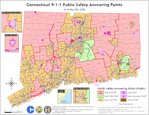 Map of public safety answering points in the state of Connecticut as of May 5th, 2026
