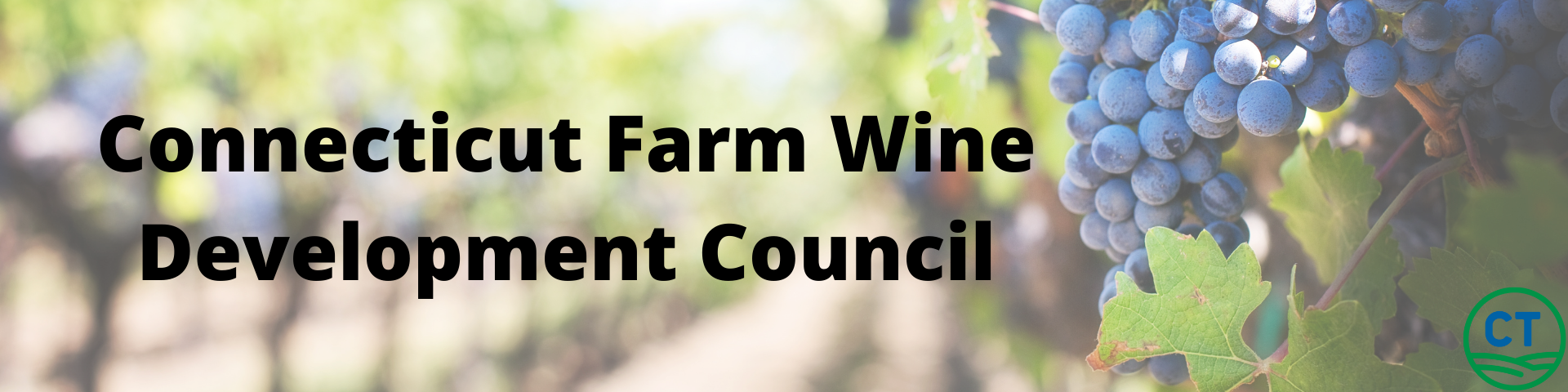 vineyard with the text reading Connecticut Farm Wine Development Council and Department of Agriculture logo