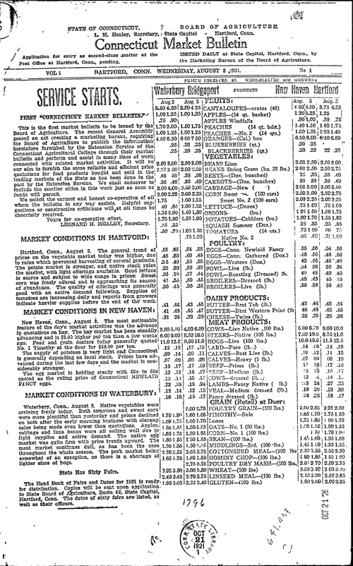 first issue of Connecticut Market Bulletin August 3, 1921