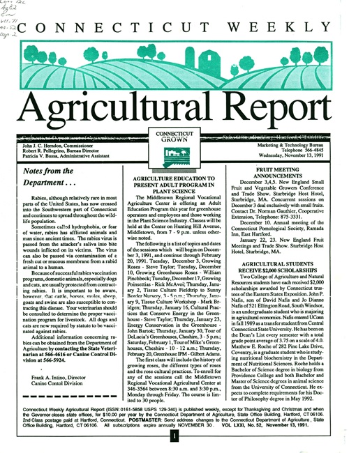 Fist issue of Connecticut Weekly Agricultural Report November 13, 1991.