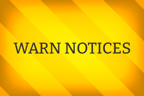 WARN text on gold striped background.