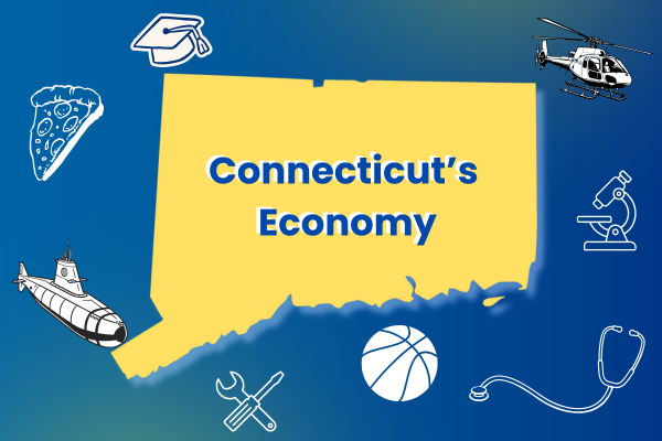 The blog post title, "Connecticut's Economy," displays across a yellow background in the shape of Connecticut State, framed with aircraft, graduation cap, tool, microscope, submarine, basketball, stethoscope and and pizza icons. 