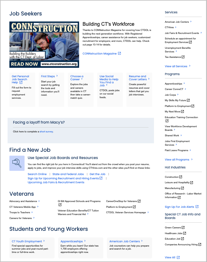 Screenshot of Job Seekers page