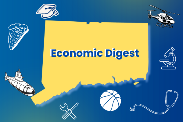 The blog post title, "Economic Digest," displays across a yellow background in the shape of Connecticut State, framed with aircraft, graduation cap, tool, microscope, submarine, basketball, stethoscope, and pizza icons. 