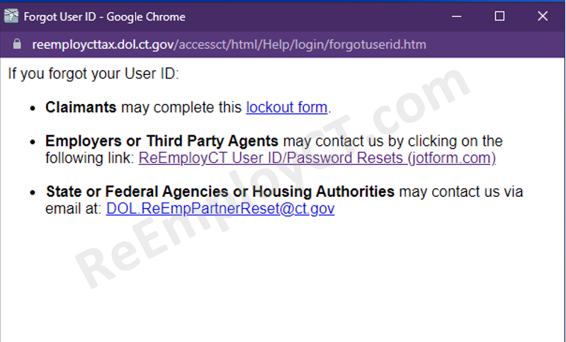 ReEmployCT User ID/Password Resets (jotform.com) link