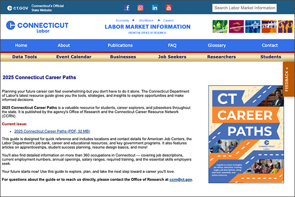 Screenshot of Labor Market Research Page that contains link to CT Career Paths guide.