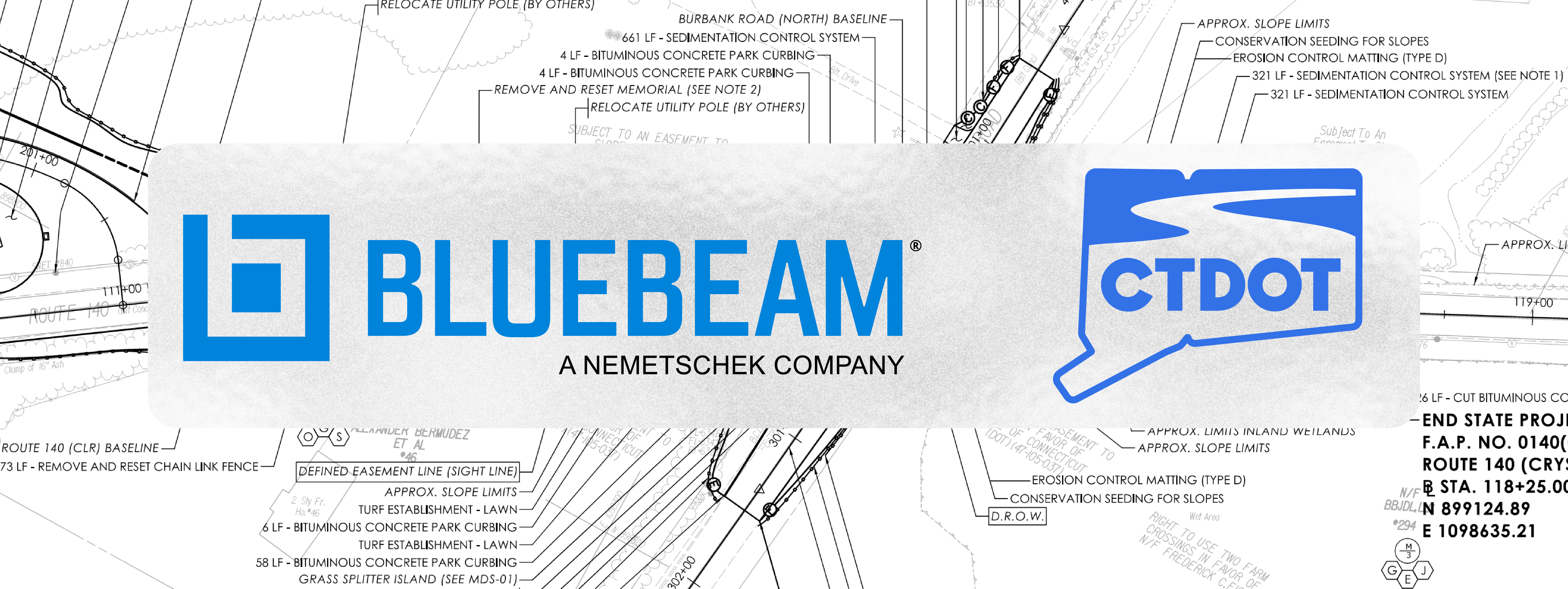 A banner image featuring both the Bluebeam and CTDOT logos overlayed over a plan sheet as seen in the software.