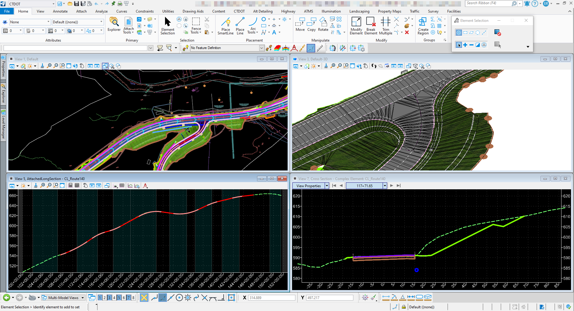 A screenshot from OpenRoads Designer, showing an example workflow with 4 distinct views.