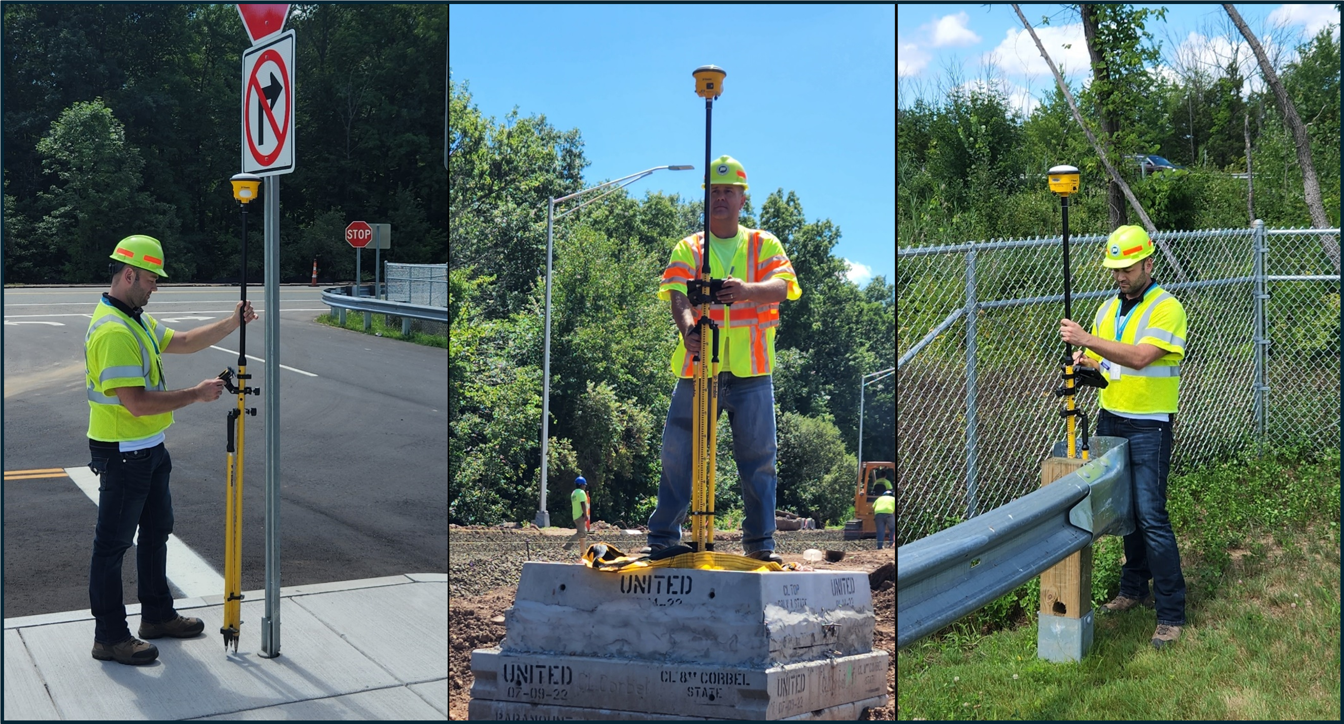 Three engineers use a GPS surveying device to measure various construction sites for accuracy.