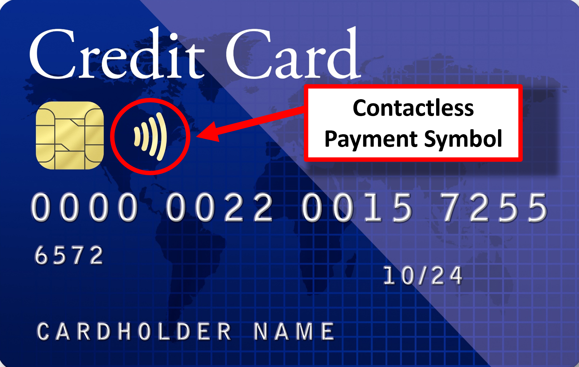 Graphic of a credit card showing where the contactless payment symbol would be