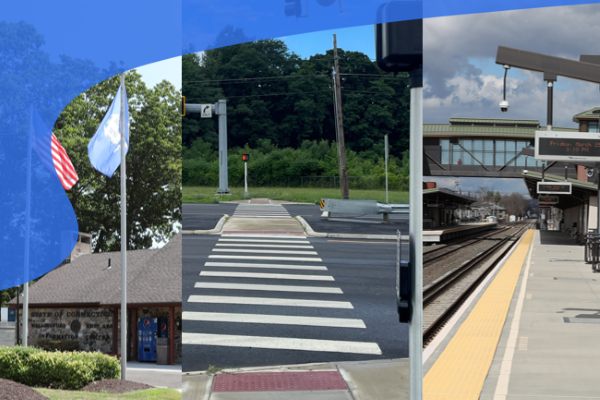 3 way split image of crosswalks and accessibile buildings with a blue pathmark