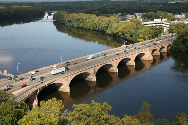 Aerial view of the Bulkeley Bridge in Hartford