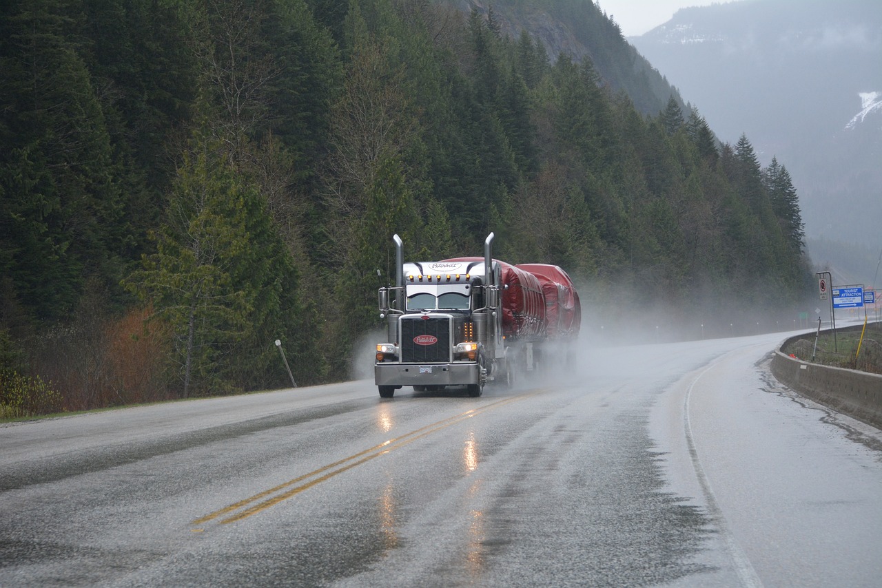Truck on a wet highway