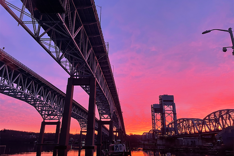 sunrise at the goldstar bridge in Groton, New London, Connecticut