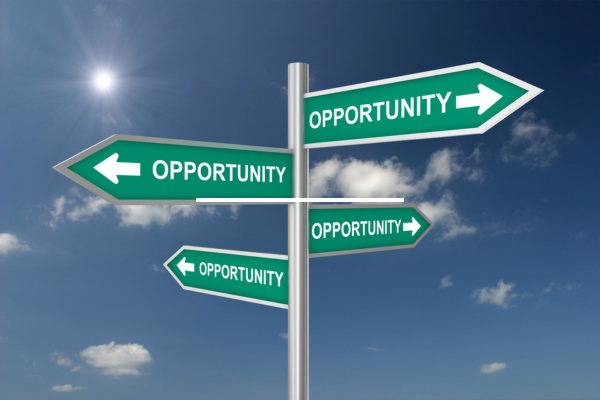 Signs in different directions saying "opportunity"