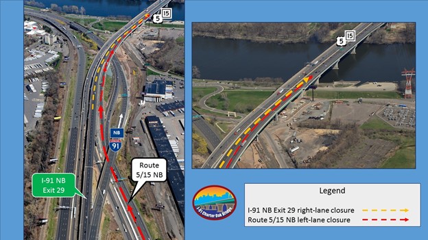 Aerial image of Interstate 91 and Route 5/15 in Hartford, CT with yellow dotted lines representing I91 right lane closures and red dotted lines representing Route 5/15 left lane closures.