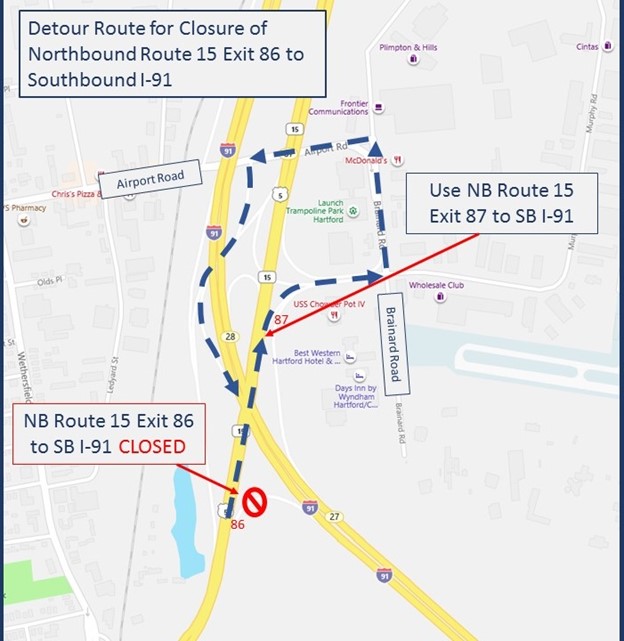 Map showing Northbound Route 15 exit 86 is closed and detour exit to Exit 87