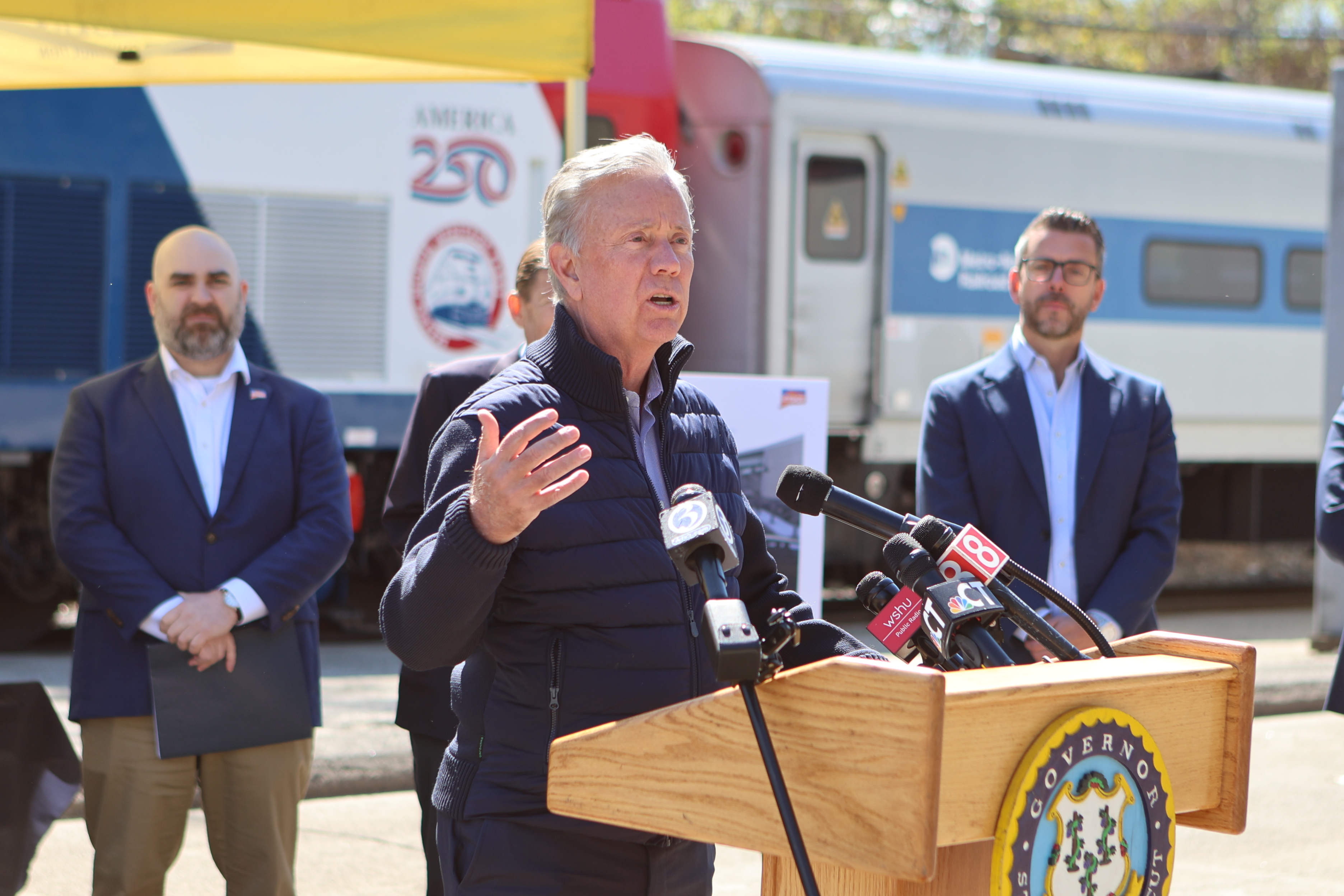 Photo of Connecticut Governor at a recent rail press conference
