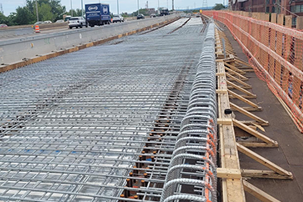 Reinforcing steel ready for concrete pours on I-91SB.