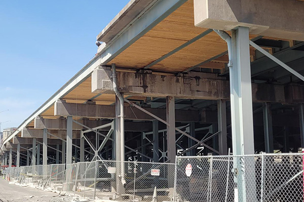 View of the bridge demolition supports from the ground