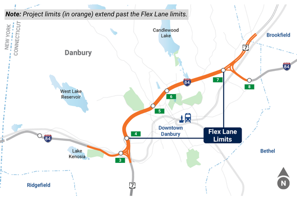 The Flex Lane on I-84 would be installed between Exits 3 and 7 in Danbury. This stretch of interstate, approximately four miles long, has been identified as a high-congestion area. The Flex Lane would be constructed within the existing right of way on the median shoulder.