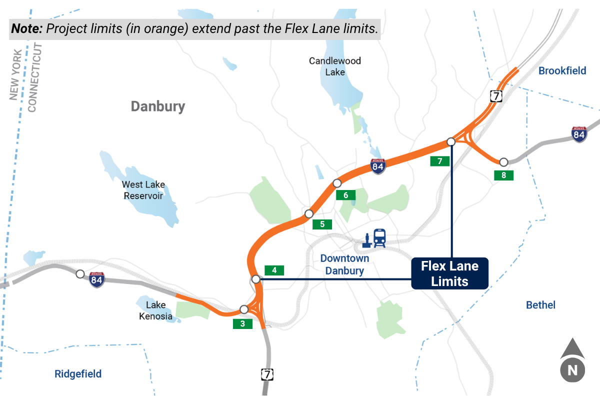 The Flex Lane on I-84 would be installed between Exits 3 and 7 in Danbury. This stretch of interstate, approximately four miles long, has been identified as a high-congestion area. The Flex Lane would be constructed within the existing right of way on the median shoulder.