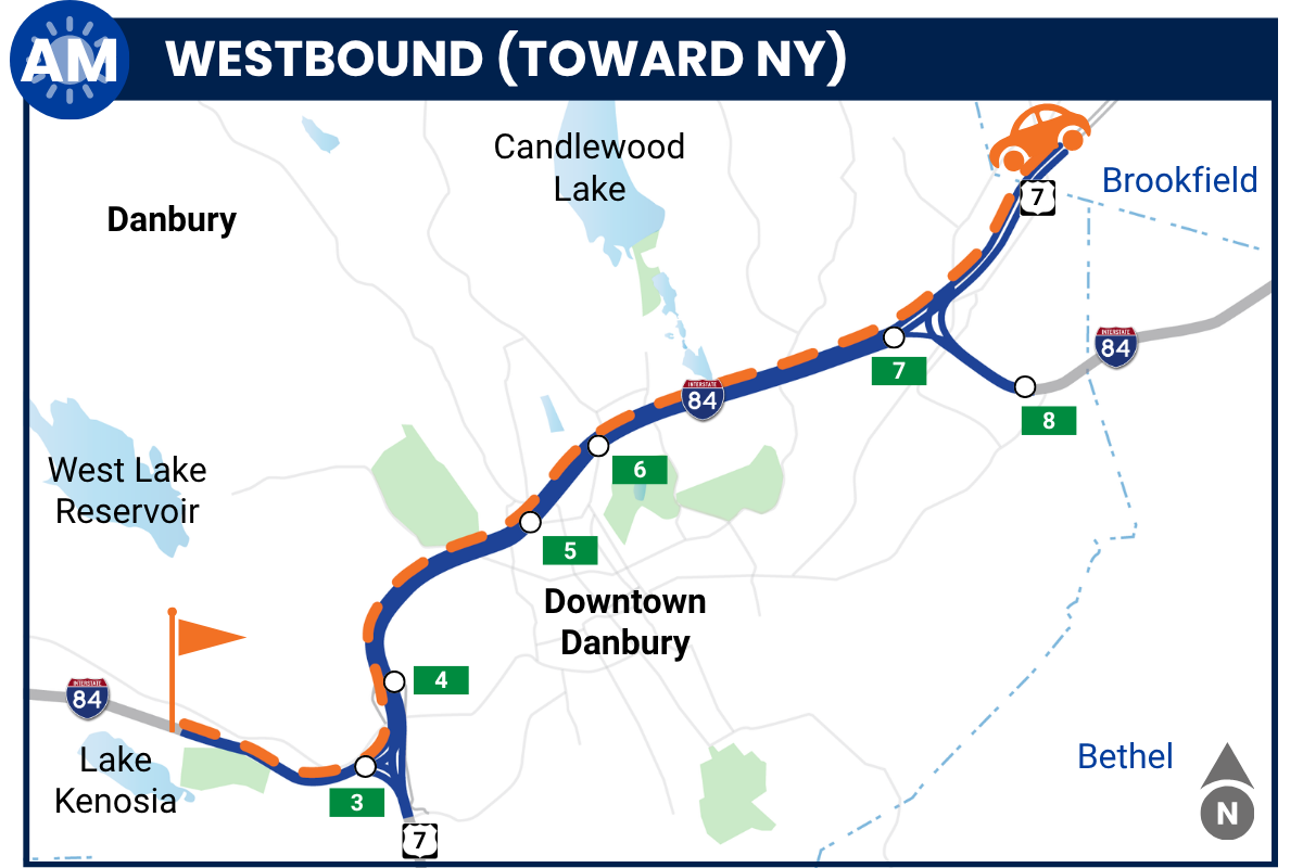 Study area map titled AM Westbound (Toward NY). A dotted line along the study area shows a car traveling from Route 7 in Brookfield to past exit 3 in Lake Kenosia. 