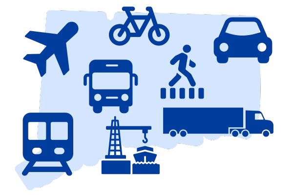Graphic showing different modes of transportation on top of a Connecticut outline. 