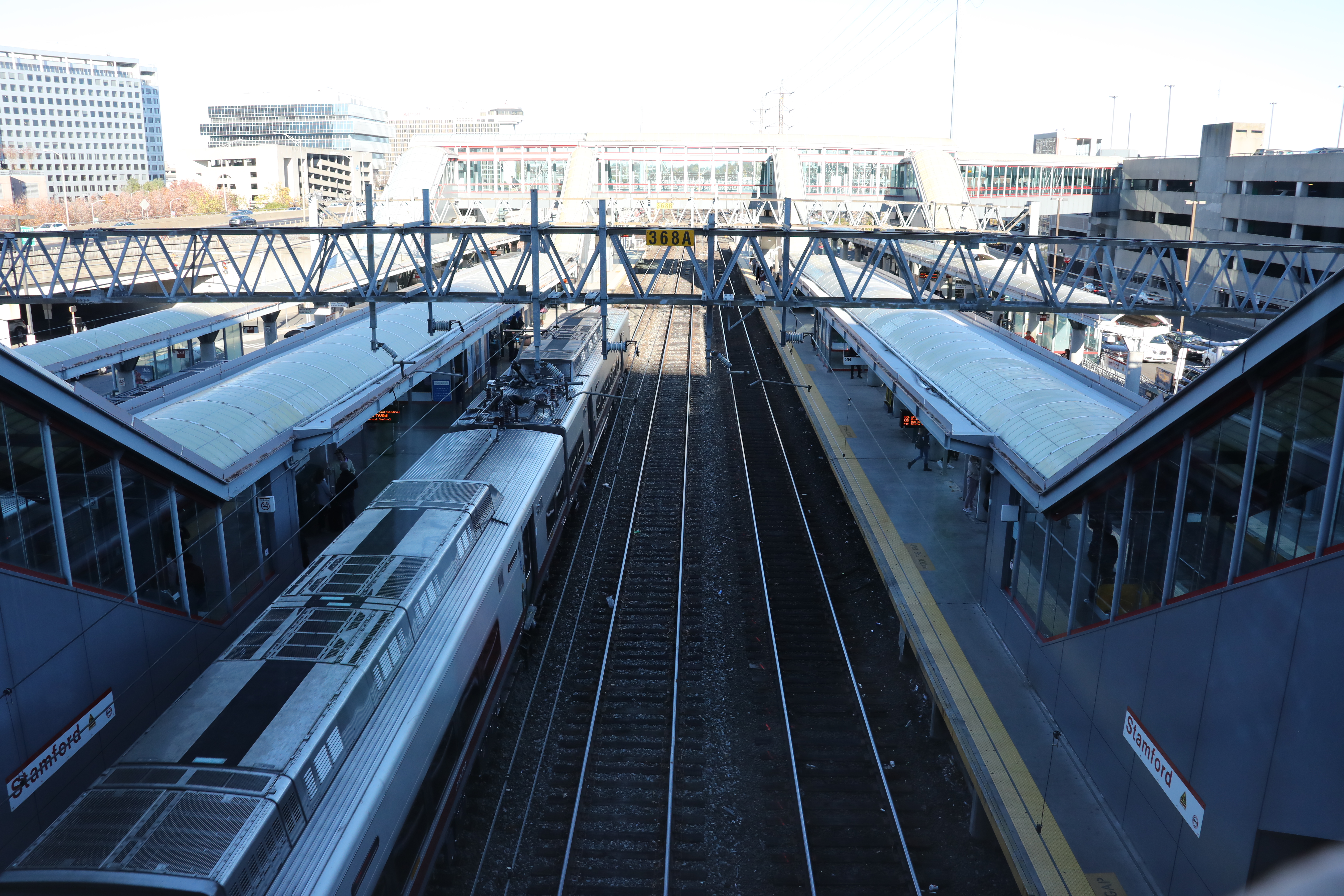 Stamford Rail Station at the Stamford Transportation Center from above looking down on tracks