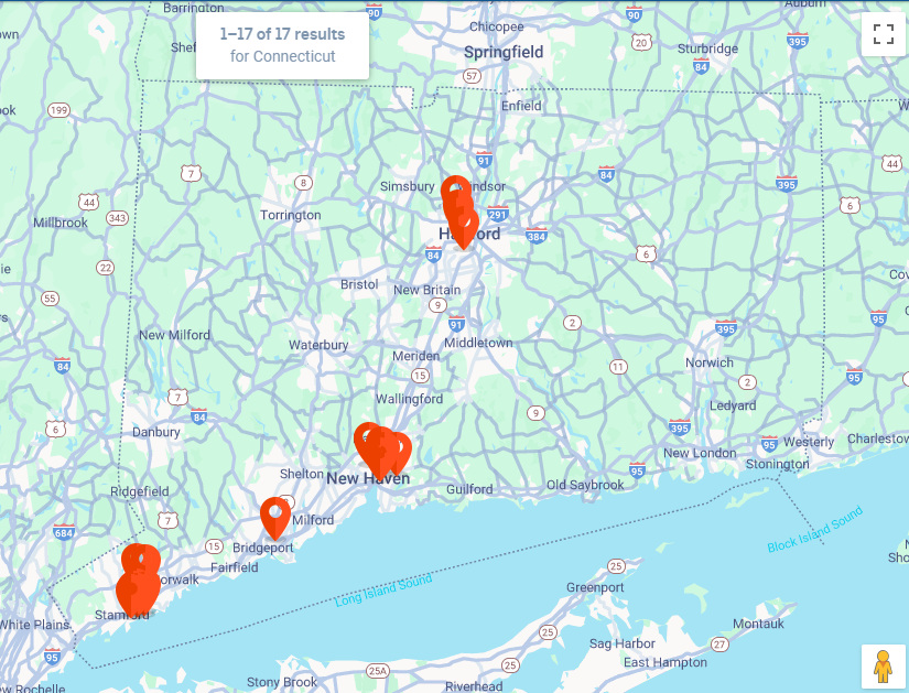 A screenshotted map of Connecticut, showing the locations of cooling centers during hot weather.