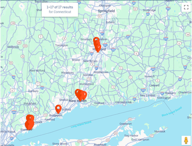 A screenshotted map of Connecticut, showing the locations of cooling centers during hot weather.