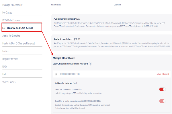 screen showing link on the left side to select EBT Balance and Card Access