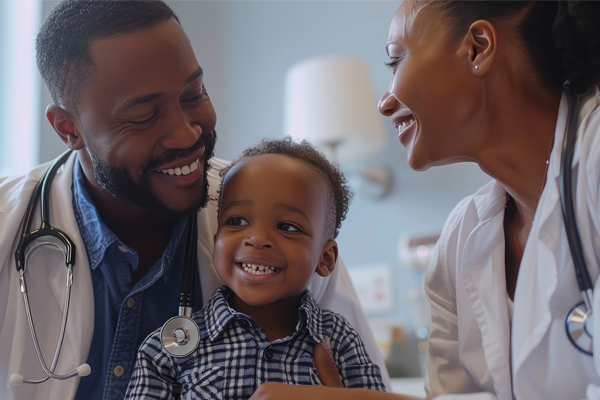 Happy child with doctors