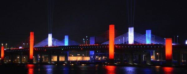 Pearl Harbor Memorial Bridge lit red, white and blue