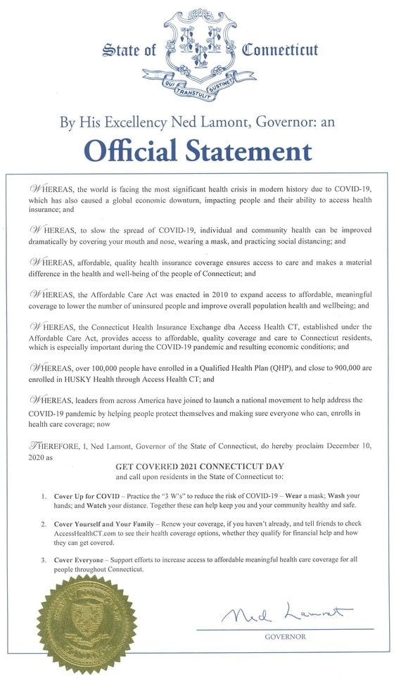 Proclamation from Governor Lamont declaring Get Covered 2021 Connecticut Day in the State of Connecticut