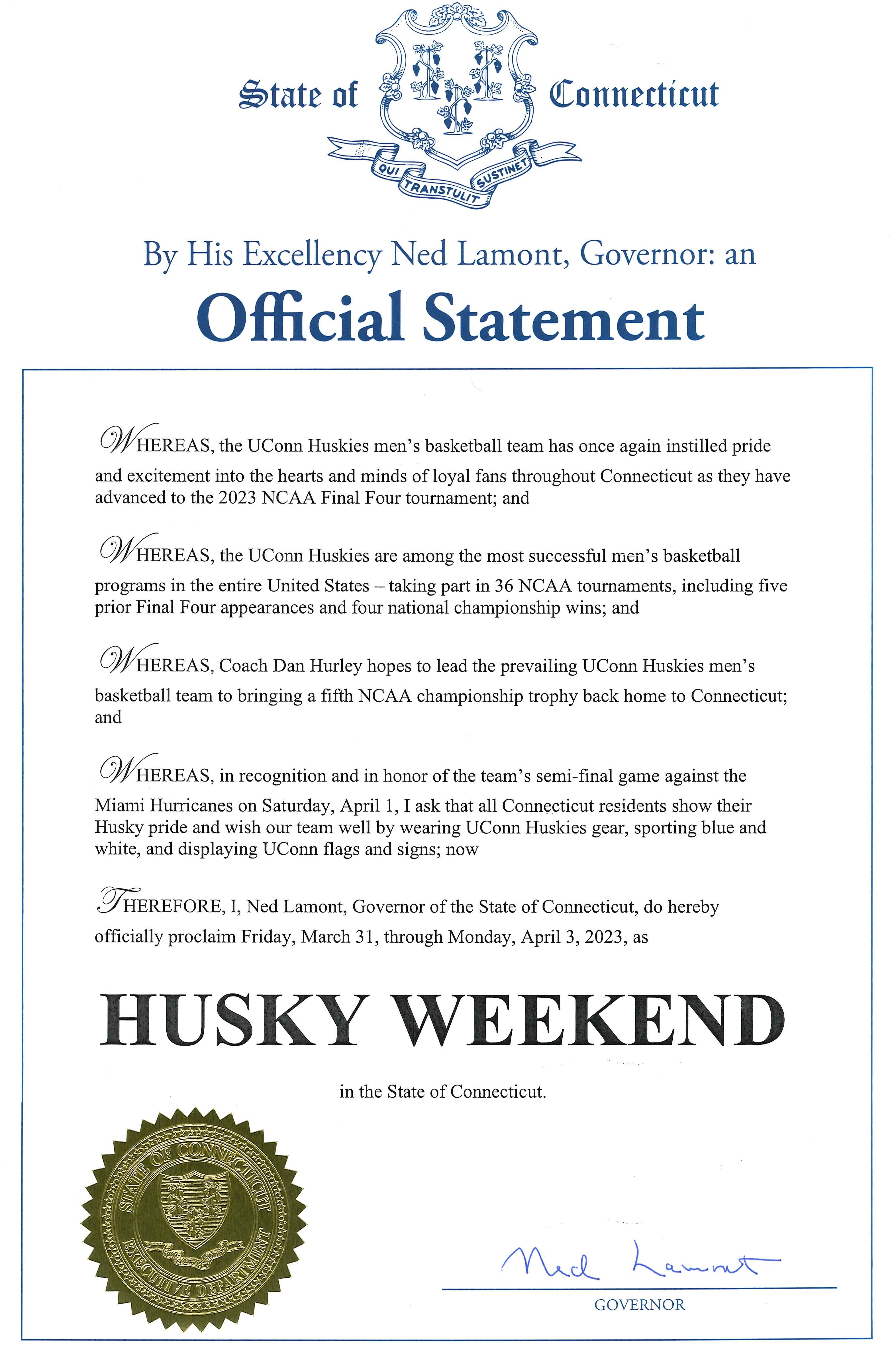 Governor Lamont Proclaims ‘Husky Weekend’ In Connecticut To Honor The ...